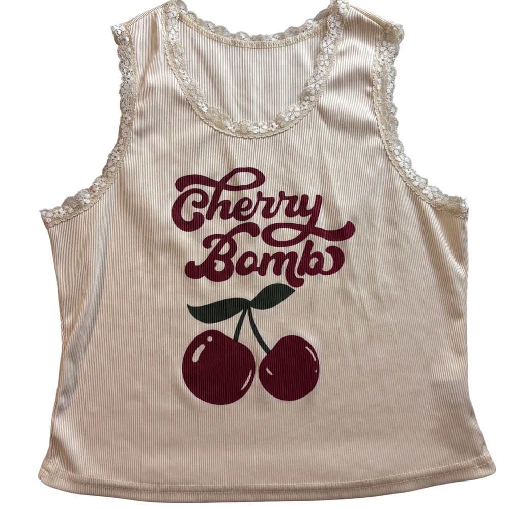 Romwe Cherry Bomb Ribbed‎ Lace Trim Tank Top Cream XL Sleeveless Graphic Tee